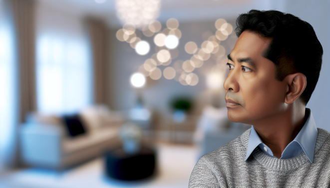 alt_text: A thoughtful adult gazes away in a serene, neutral-toned room, capturing holiday introspection.