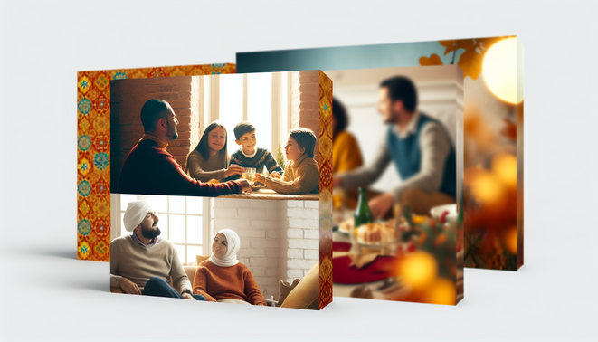 alt_text: A serene holiday setting highlighting family interactions with warm tones and minimal decor.