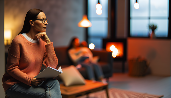 alt_text: A modern, cozy living space subtly evokes family dynamics, featuring introspective adult and warm elements.