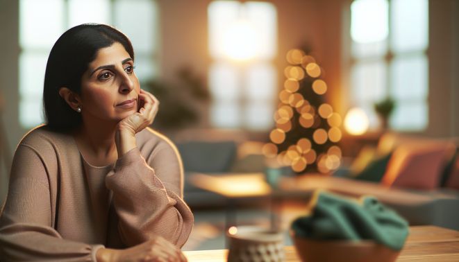 alt_text: A contemplative individual in a cozy setting reflects on family dynamics during the holidays.