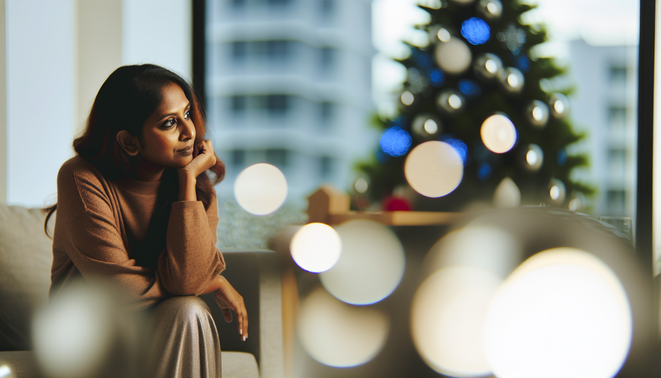 alt_text: Thoughtful person in a cozy, minimal space, reflecting on family dynamics during the holidays.