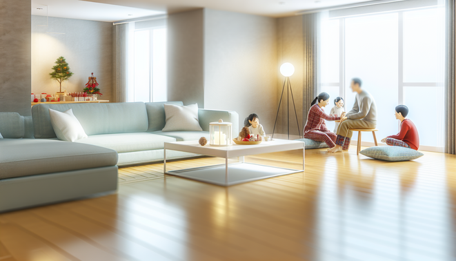 alt_text: A serene living space captures quiet family moments during holidays, evoking introspection and warmth.