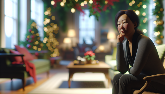 alt_text: A serene living room scene with a contemplative person, capturing holiday family dynamics.