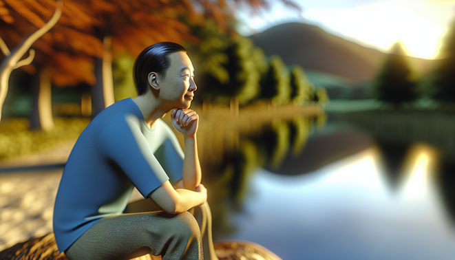 A contemplative adult in a warm, serene setting reflects on family dynamics during the holidays.