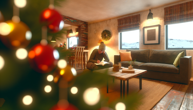 Cozy holiday scene featuring introspection, warm textures, and subtle decor in a serene setting.