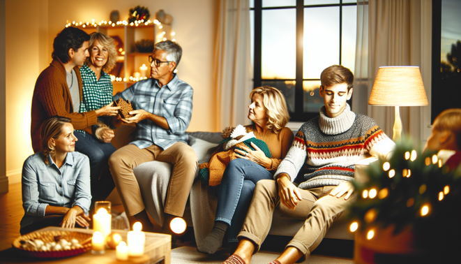 A serene holiday scene capturing family connections, warmth, and introspection in a modern living space.