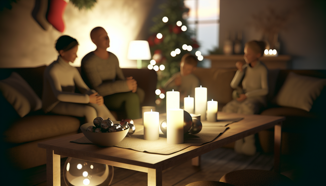 alt_text: A serene holiday scene evoking family introspection with warm, muted decor and soft lighting.