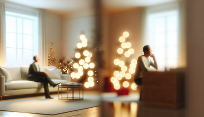alt_text: A serene living room with soft lighting, a contemplative figure, and subtle holiday accents.