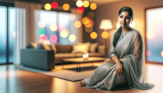 alt_text: A serene adult in a modern interior, symbolizing family connection during the holiday season.