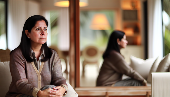 alt_text: A serene adult reflects in a cozy, neutral-toned interior, evoking warm family connections.