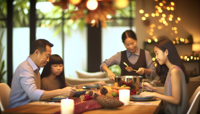 alt_text: A serene holiday scene with warm tones, inviting decor, and a calm atmosphere reflecting family bonds.
