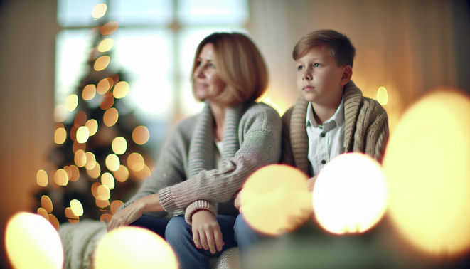 alt_text: A serene holiday scene with a thoughtful adult figure, evoking family reflection in a cozy setting.