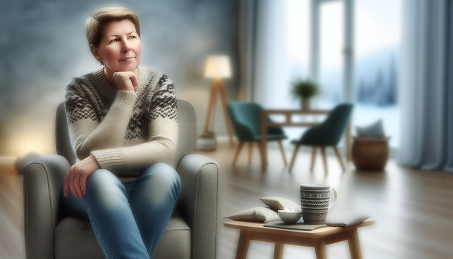 alt_text: A neutral-presenting adult reflects in a cozy, modern room, symbolizing family dynamics during holidays.