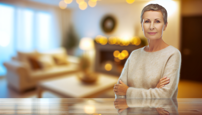 alt_text: A serene adult reflects in a warm, minimal holiday-inspired living room, evoking family intimacy.