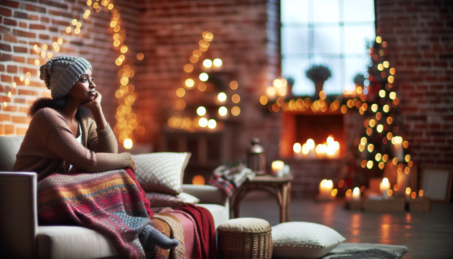 alt_text: A serene indoor scene captures cozy textiles and a contemplative adult, evoking holiday warmth.